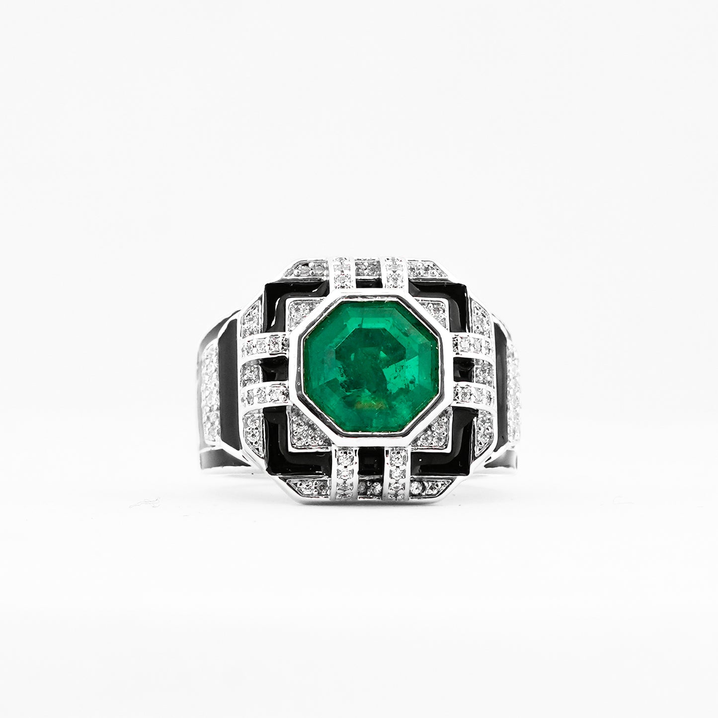 Silver Finish Green Stone Ring with Black Enamel and Diamond Look Detailing | Statement Cocktail & Wedding Jewelry