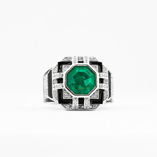 Silver Finish Green Stone Ring with Black Enamel and Diamond Look Detailing | Statement Cocktail & Wedding Jewelry