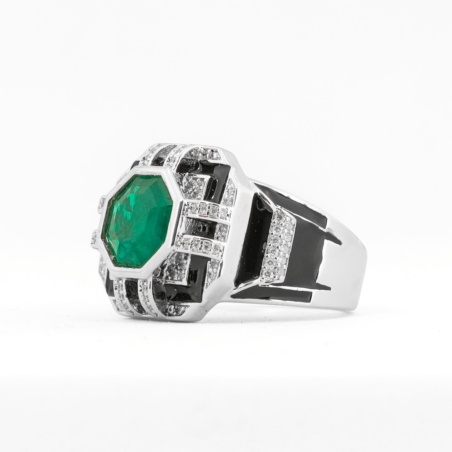 Silver Finish Green Stone Ring with Black Enamel and Diamond Look Detailing | Statement Cocktail & Wedding Jewelry