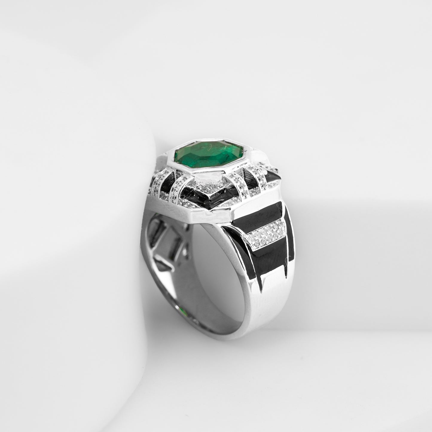 Silver Finish Green Stone Ring with Black Enamel and Diamond Look Detailing | Statement Cocktail & Wedding Jewelry
