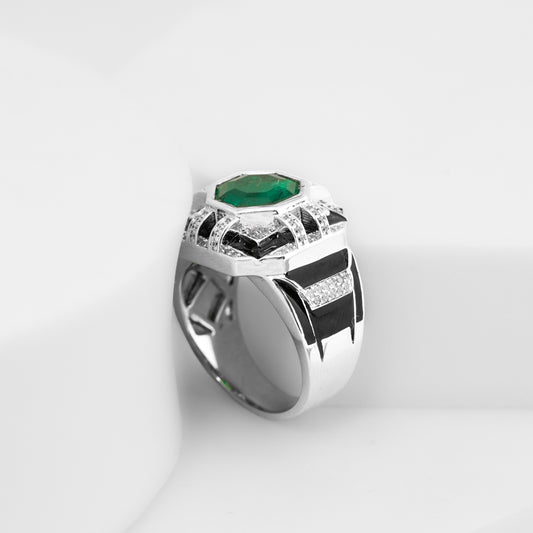 Silver Finish Green Stone Ring with Black Enamel and Diamond Look Detailing | Statement Cocktail & Wedding Jewelry