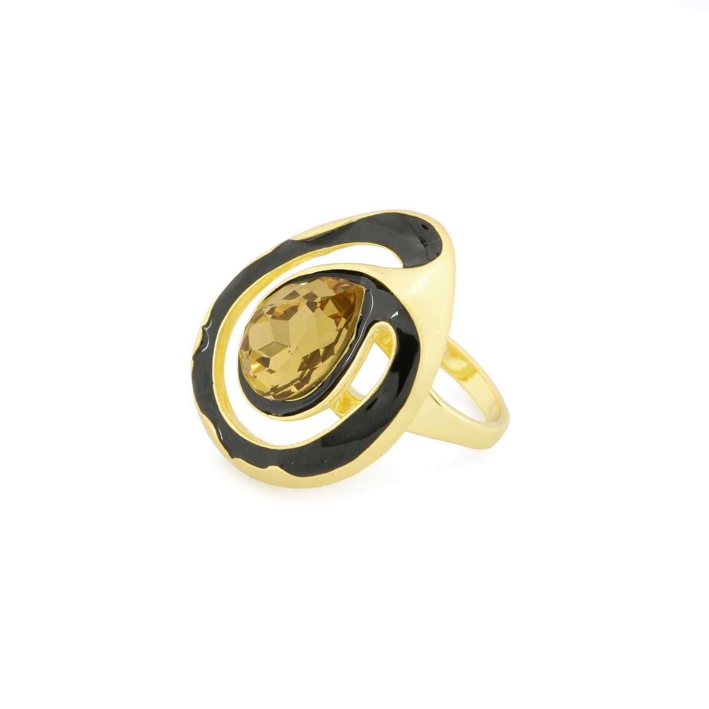 Gold Finish Oval Champagne Stone Ring with Black Enamel Halo and Designer Abstract Setting | Modern Cocktail Jewelry for Parties and Festive Nights