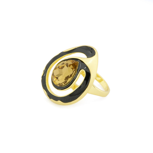 Gold Finish Oval Champagne Stone Ring with Black Enamel Halo and Designer Abstract Setting | Modern Cocktail Jewelry for Parties and Festive Nights