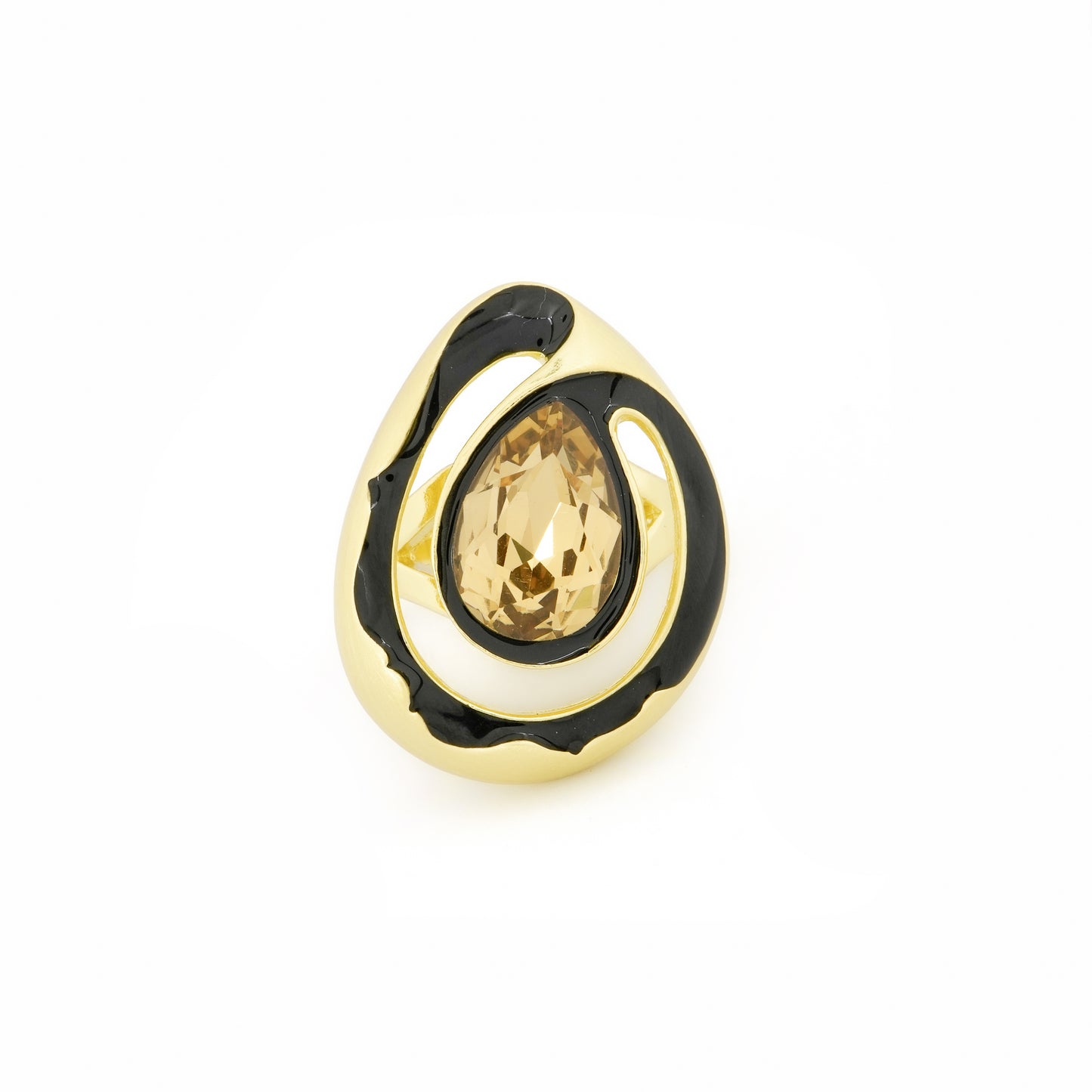 Gold Finish Oval Champagne Stone Ring with Black Enamel Halo and Designer Abstract Setting | Modern Cocktail Jewelry for Parties and Festive Nights