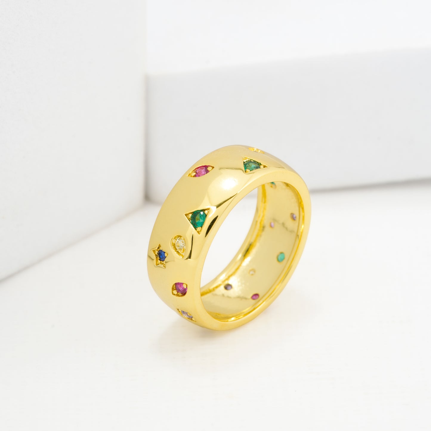 Gold Finish Colorful Gemstone Band Ring | Multi-Stone Statement Jewelry