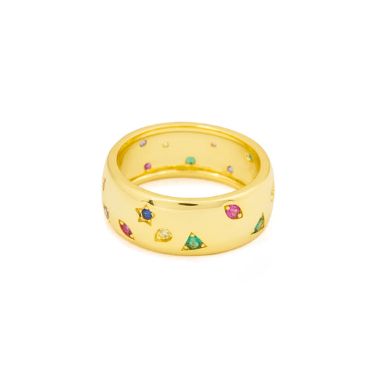 Gold Finish Colorful Gemstone Band Ring | Multi-Stone Statement Jewelry