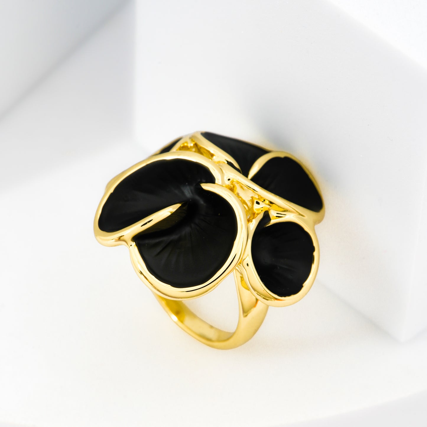 Black Enamel Floral Statement Ring with Artistic Petal Design | Bold Fashion Jewelry for Parties, Weddings, and Festive Wear