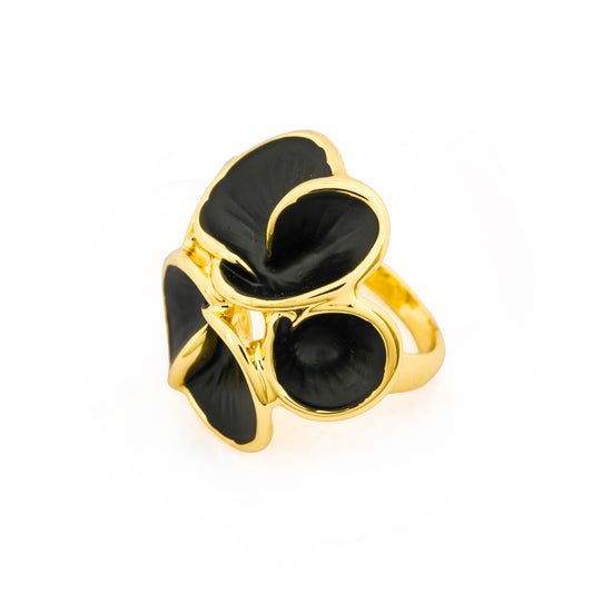 Black Enamel Floral Statement Ring with Artistic Petal Design | Bold Fashion Jewelry for Parties, Weddings, and Festive Wear