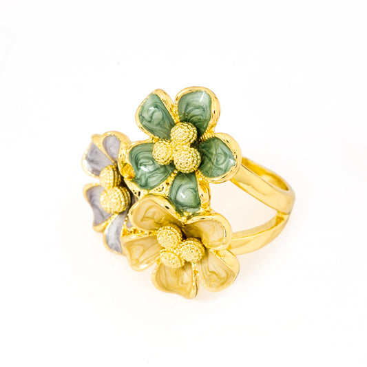 Gold Finish Multi-Flower Statement Ring for Women | Enamel Green & Lavender Floral Jewelry, Party & Festive Wear