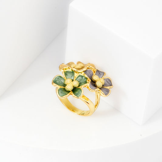 Gold Finish Multi-Flower Statement Ring for Women | Enamel Green & Lavender Floral Jewelry, Party & Festive Wear