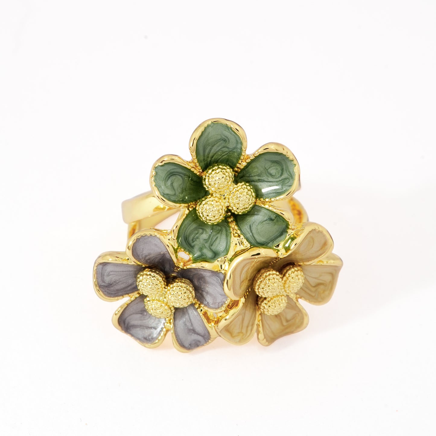 Gold Finish Multi-Flower Statement Ring for Women | Enamel Green & Lavender Floral Jewelry, Party & Festive Wear