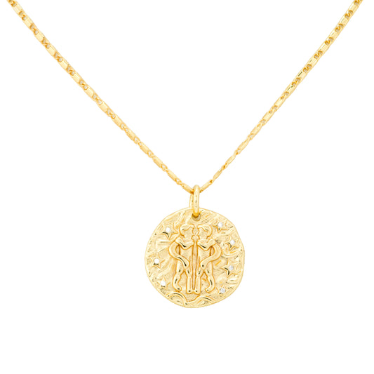 Gold Plated Gemini Zodiac Coin Pendant Necklace | Twin Symbol of Duality & Expression