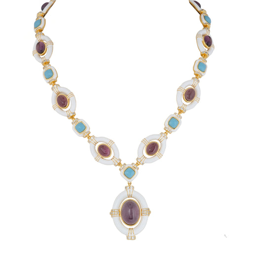 Vintage-Inspired Gold-Plated Necklace with Amethyst Purple Stones, Turquoise Accents, and White Enamel Detailing