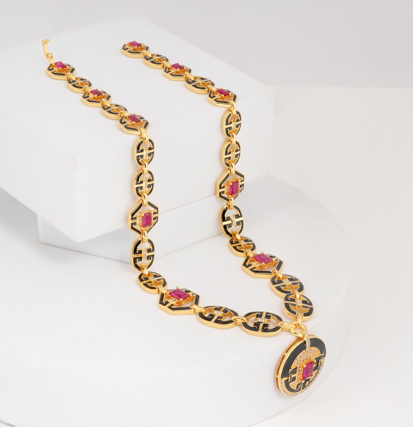 Ruby Pink & Black Enamel Art Deco Necklace – Bold Festive Statement Jewelry