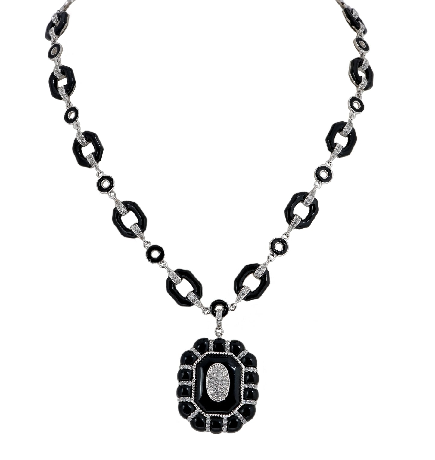 Black Enamel & Silver Geometric Necklace – Bold Vintage-Inspired Statement