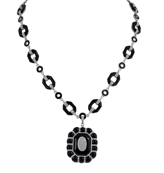 Black Enamel & Silver Geometric Necklace – Bold Vintage-Inspired Statement