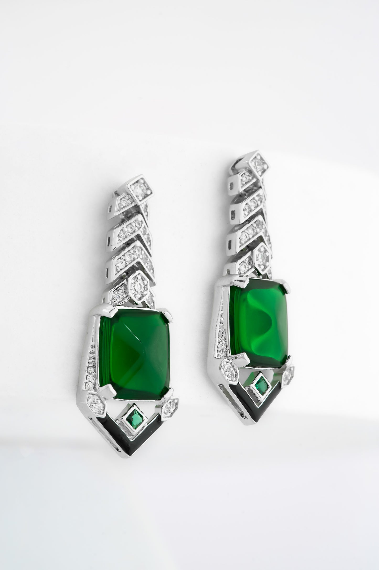 Contemporary Silver-Plated Geometric Drop Earrings with Emerald Green Rectangular Stone and Diamond-Like Accents for Modern Glamour