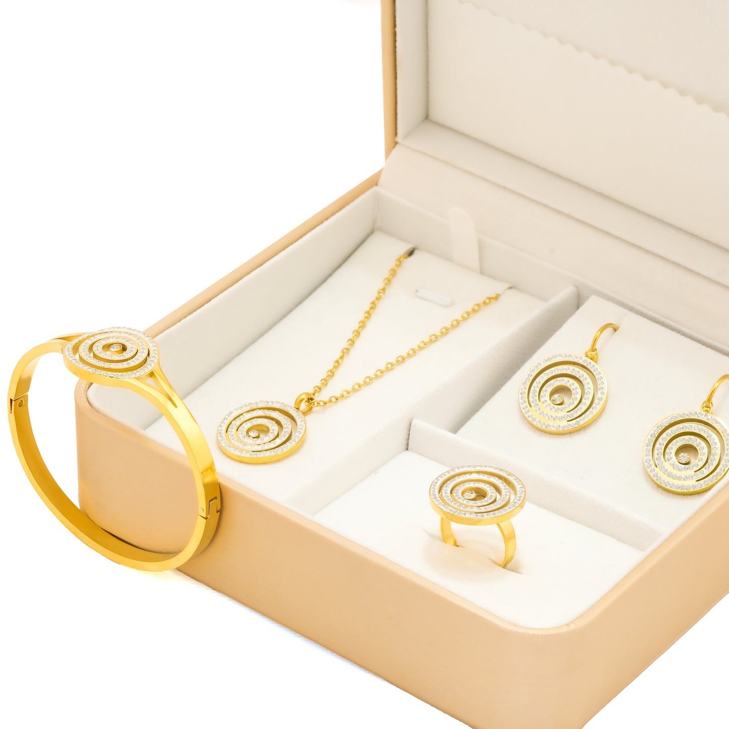 Gold Plated Spiral Circle Jewelry Set | Gift Hamper for Girls – Elegant Jewelry Box with Necklace, Earrings, Ring and Bracelet for Women