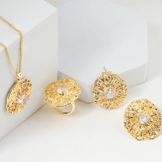 Elegant Gold Plated Necklace Earring and Ring Set | Textured Design with Sparkling Clear Stone | Women’s Wedding and Party Jewelry