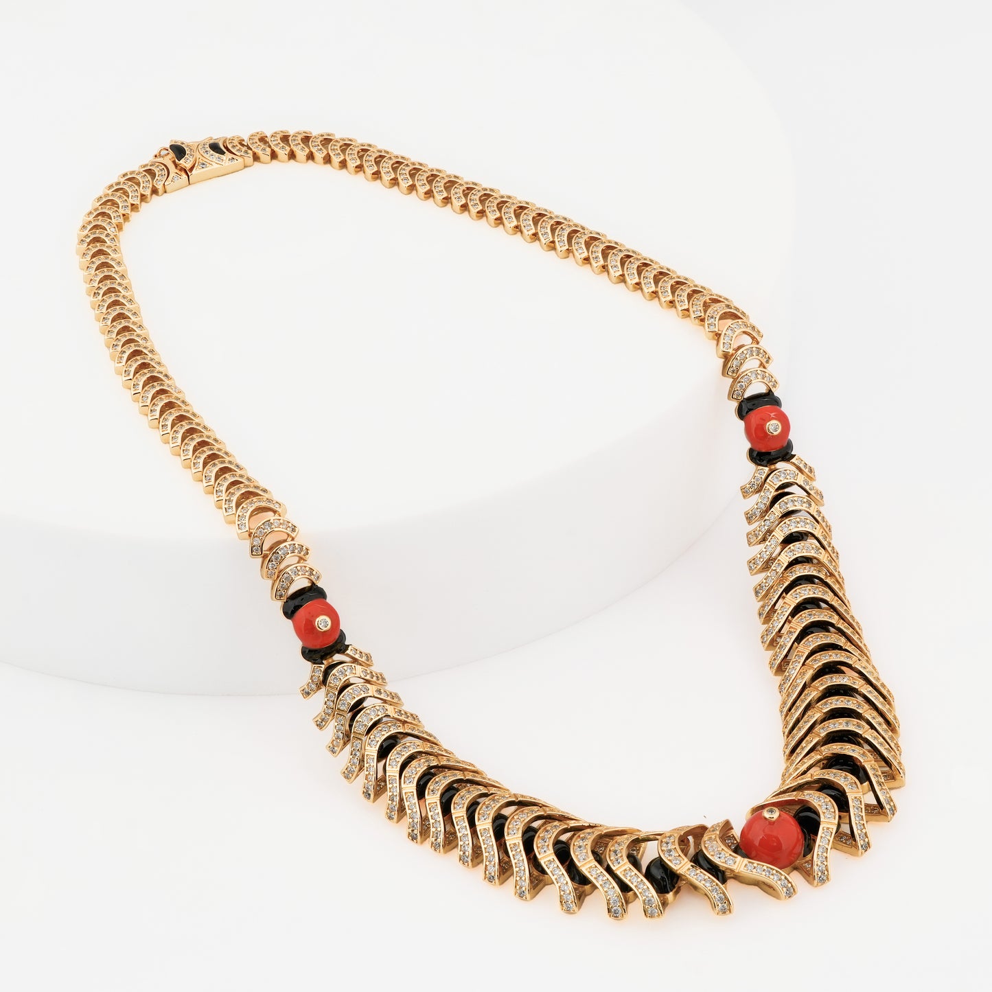 Gold-Plated Coral Red & Black Enamel Statement Necklace – Royal Designer Jewelry