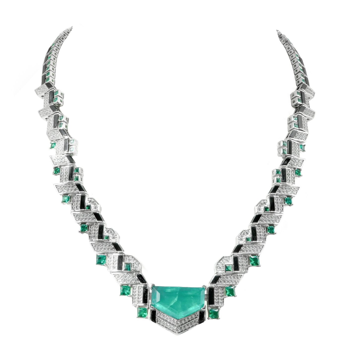 Emerald Majesty Statement Necklace – Geometric Diamond & Enamel Detailing
