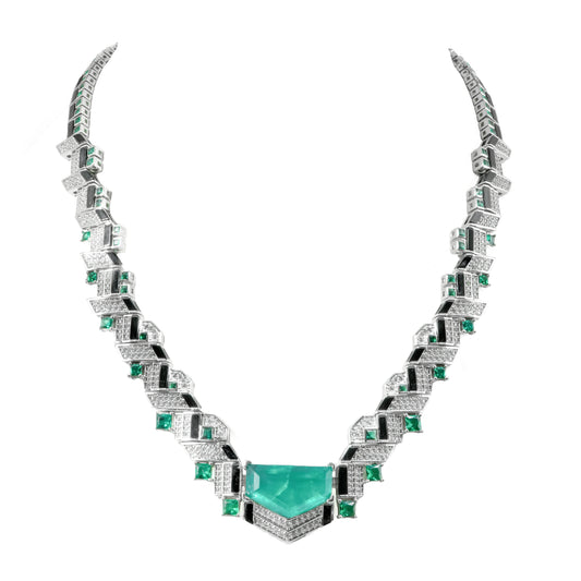 Emerald Majesty Statement Necklace – Geometric Diamond & Enamel Detailing