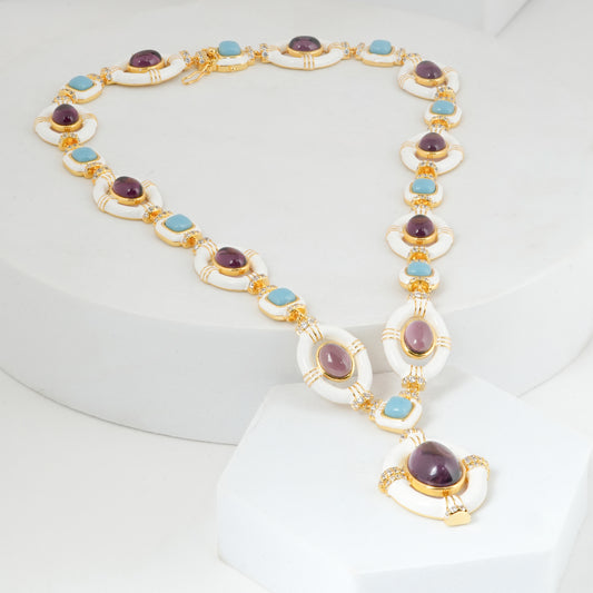 Vintage-Inspired Gold-Plated Necklace with Amethyst Purple Stones, Turquoise Accents, and White Enamel Detailing