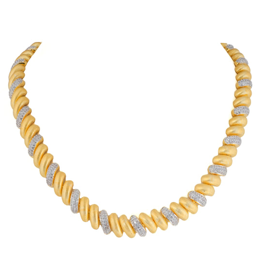 Gold-Plated Beaded Necklace with Alternating Matte & Stone-Studded Design – Elegant Statement Jewelry