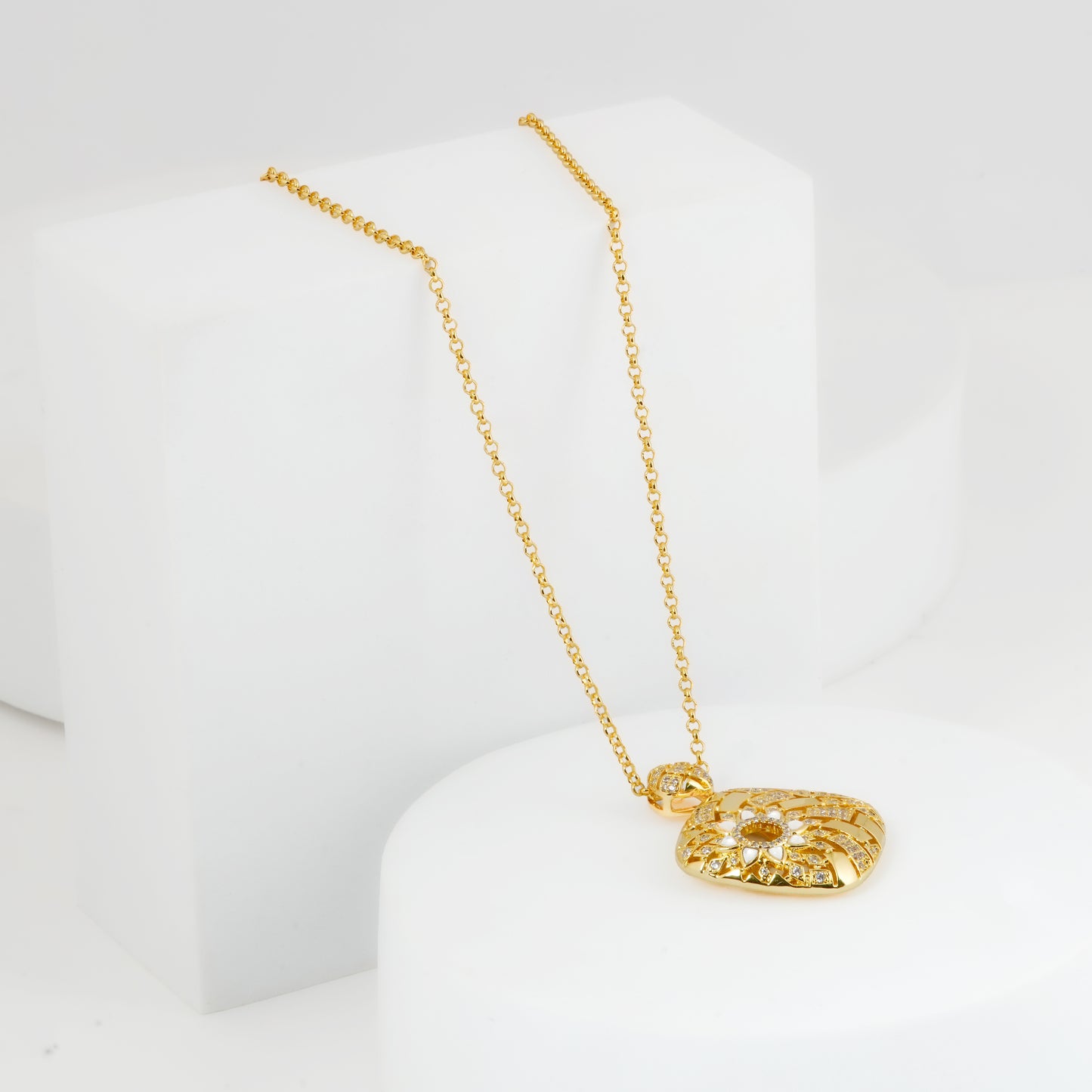 Golden Cushion Swirl Pendant Necklace – Sparkling Statement of Grace