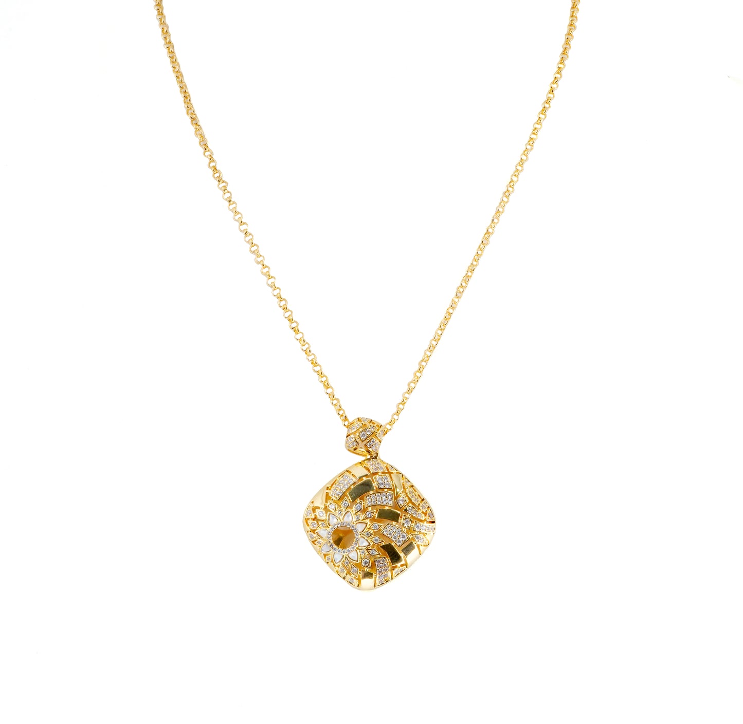 Golden Cushion Swirl Pendant Necklace – Sparkling Statement of Grace