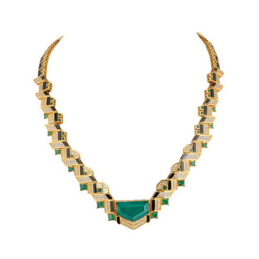 Majestic Emerald Geometry Necklace – Gold & Diamond-Encrusted Design
