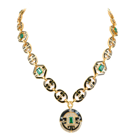 Emerald Green & Black Enamel Art Deco Necklace – Bold Statement Jewelry for Luxe Styling
