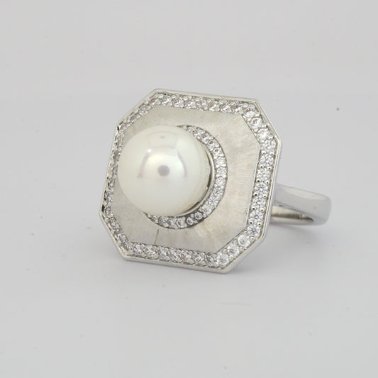 Silver Finish Pearl Statement Ring for Women with Octagon Shape and Diamond Look Border | Fashion Jewelry for Party, Wedding, Engagement and Special Occasions