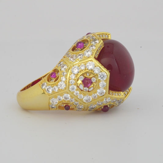 Gold Finish Green Cabochon Stone Ring with Pink Accents and Diamond Look Detailing | Statement Cocktail Jewelry