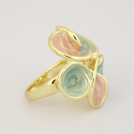 Pastel Flower Floral Statement Ring with Green and Peach Enamel Petals | Elegant Cocktail Jewelry for Weddings, Parties, and Festive Wear