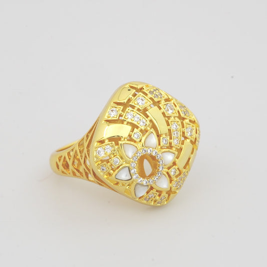 Gold Plated Square Designer Ring for Women with Intricate Cutwork and Diamond Look Crystal Studded Design | Stylish Fashion Jewelry for Party, Wedding and Daily Wear