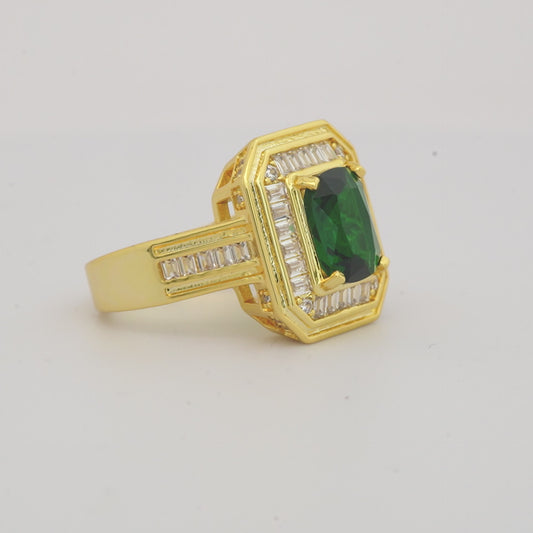 Gold Finish Green Emerald Stone Ring for Women with Rectangular Design and Diamond Look Studded Border | Elegant Statement Fashion Jewelry for Wedding, Party, and Special Occasions