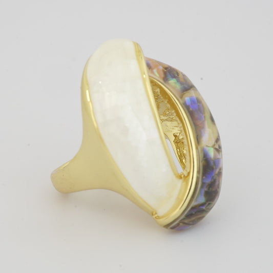 Gold Plated Statement Ring for Women with White Stone and Multicolor Abalone Shell Design | Trendy Fashion Jewelry for Party, Wedding and Daily Wear
