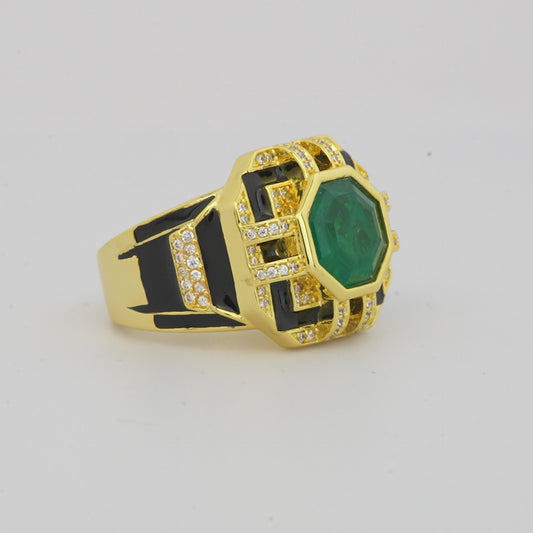 Octagonal Emerald Gold Finish Green Stone Ring for Women with Black Enamel Geometric Design and Diamond Look Accents | Statement Cocktail and Wedding Jewelry