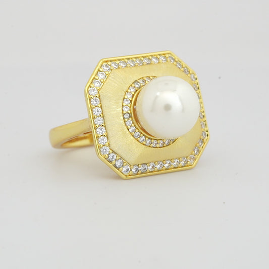 Gold Finish Pearl Statement Ring for Women with Octagon Design and Diamond Look Border | Fashion Jewelry for Wedding, Party, Engagement and Festive Wear
