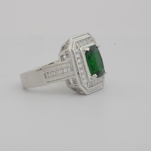 Silver Finish Green Emerald Stone Ring for Women with Rectangular Design and Diamond Look Baguette Studded Border | Stylish Statement Fashion Jewelry for Wedding, Party, and Special Occasions