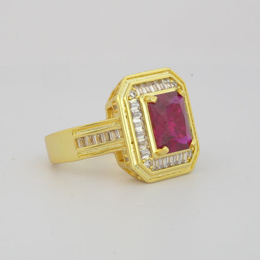 Gold Finish Ruby Red Stone Ring for Women with Rectangular Design and Diamond Look Studded Border | Elegant Statement Fashion Jewelry for Wedding, Party, and Special Occasions