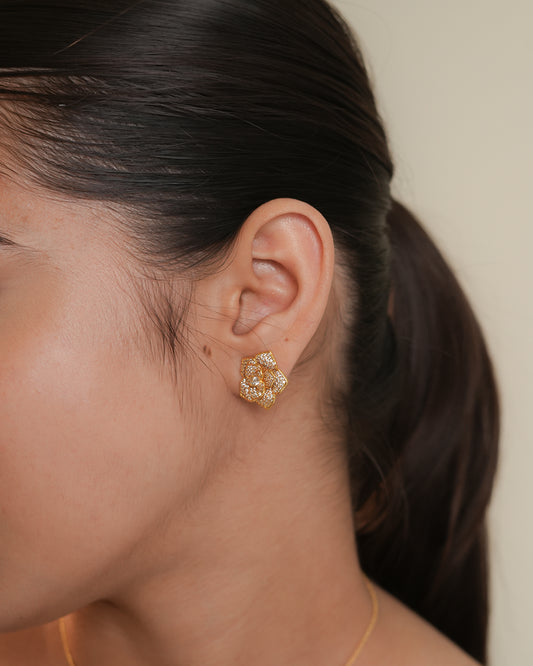 Gold Plated Floral Pendant Necklace and Earrings Set | Stone-Studded Bloom Design Jewelry for Women