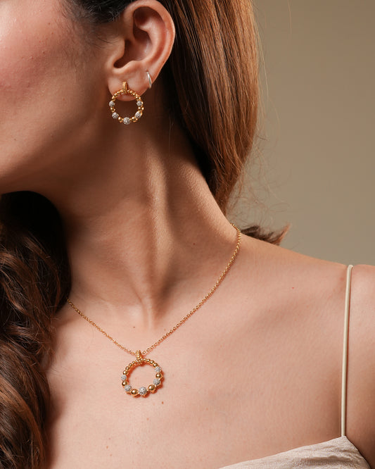 Gold Plated Beaded Circle Pendant Necklace and Earrings Set | Round Crystal Ball Jewelry Set for Women | Elegant Festive and Party Wear