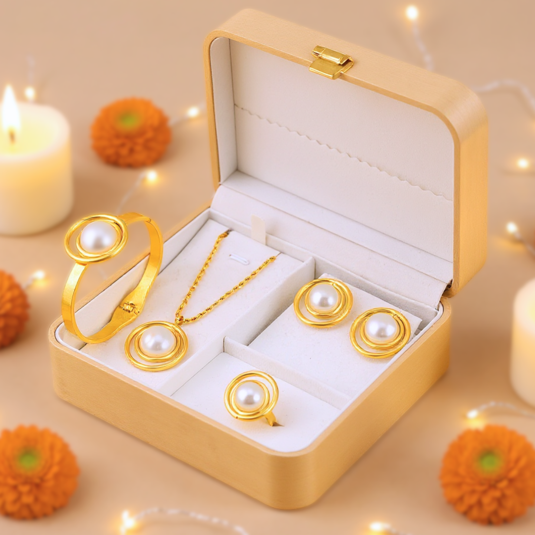 Gold Plated Pearl Jewelry Set | Exclusive Gift Box for Girls and Women – Beautiful Hamper with Necklace, Earrings, Bracelet and Ring