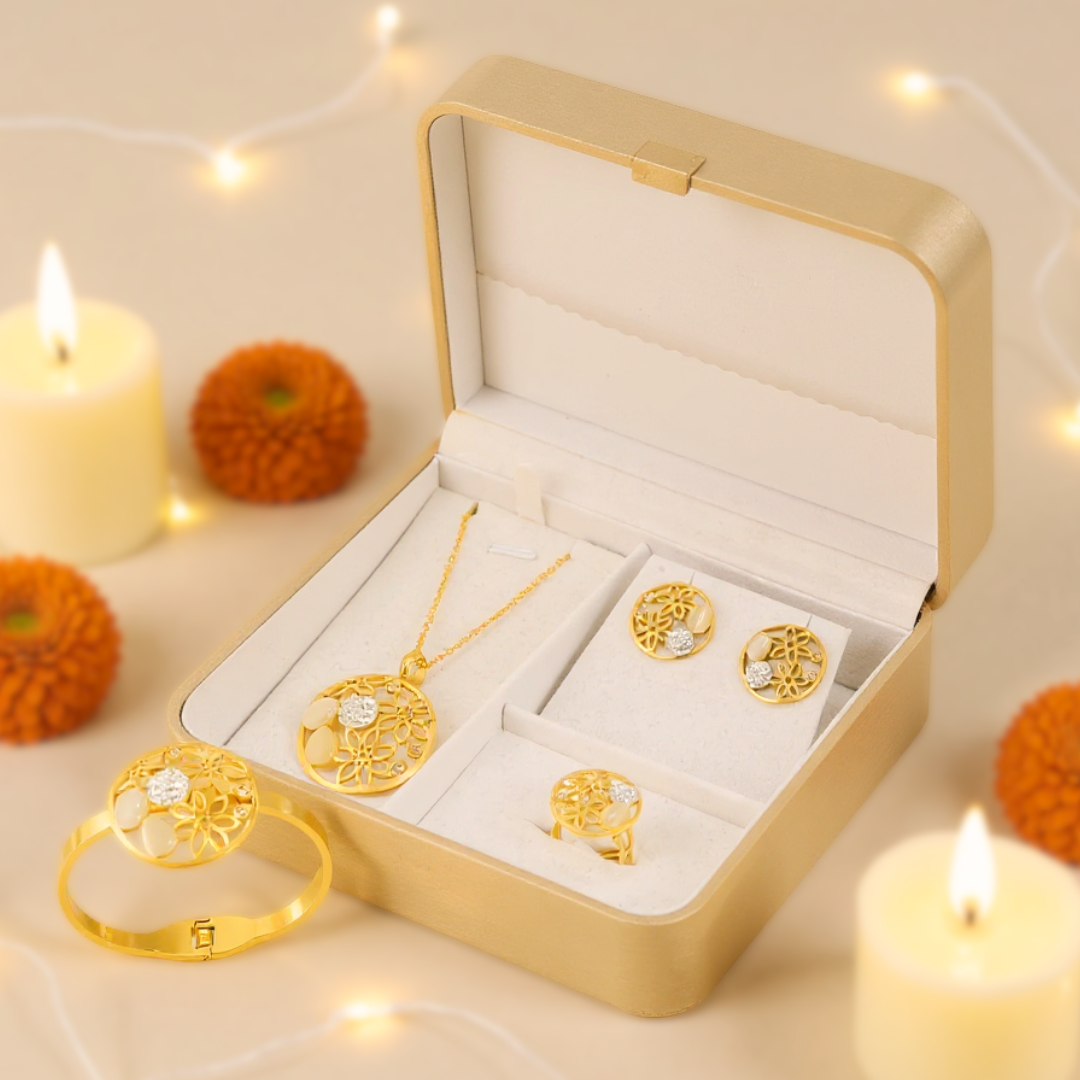 Gold Plated Floral Cut Jewelry Set with Necklace, Earrings, Bracelet & Ring | Gift Box and Jewelry Hamper for Girls – Ideal Gift for Wife, Sister or Daughter