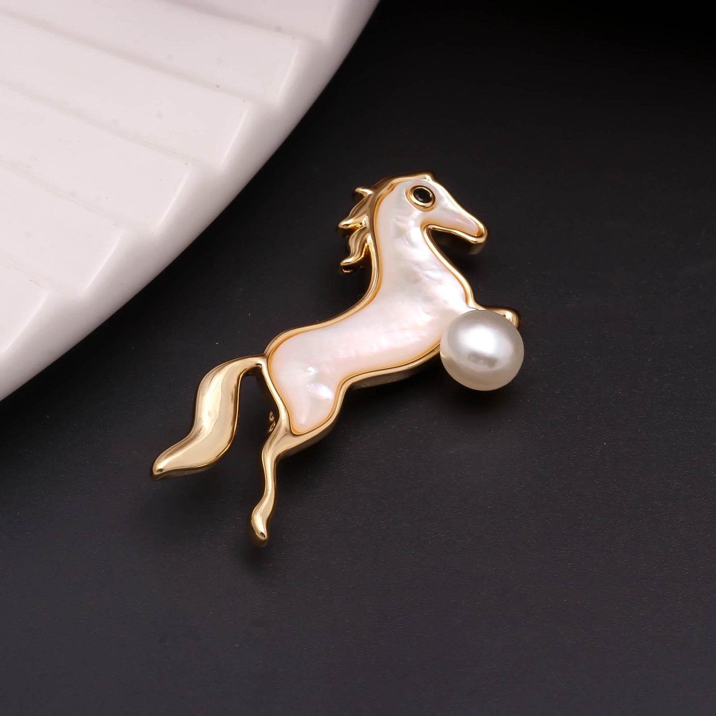 Mother-of-Pearl Rearing Horse Brooch