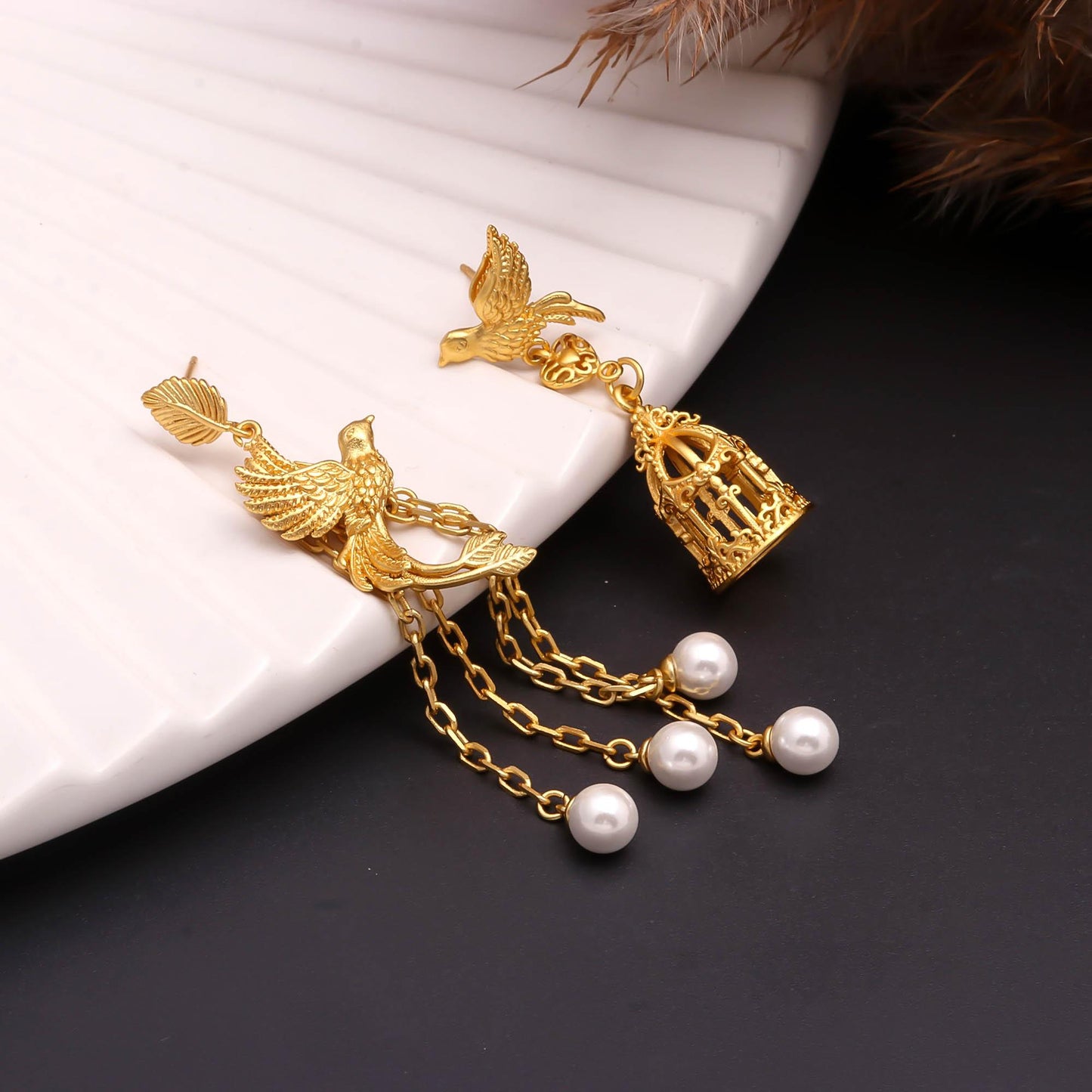 Golden Nightingale & Cage Earrings