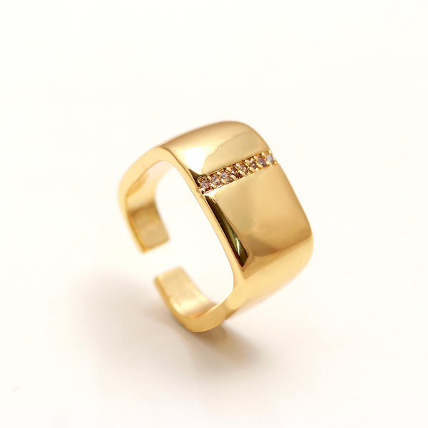 Wide Polished Gold Band Ring with Sleek Modern Finish, Adjustable Open Design and Subtle Diamond Accent Line | Contemporary Minimalist Statement Jewelry for Everyday Elegance and Special Occasions