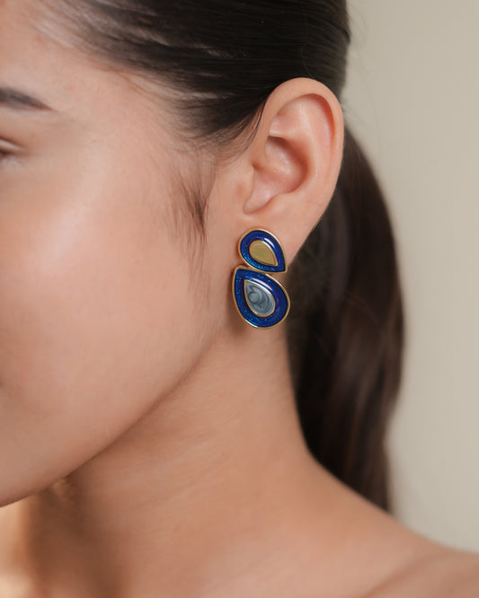 Elegant Dual-Tone Blue Enamel and Gold-Plated Teardrop Earrings with Artistic Marble Finish for Festive and Modern Styling